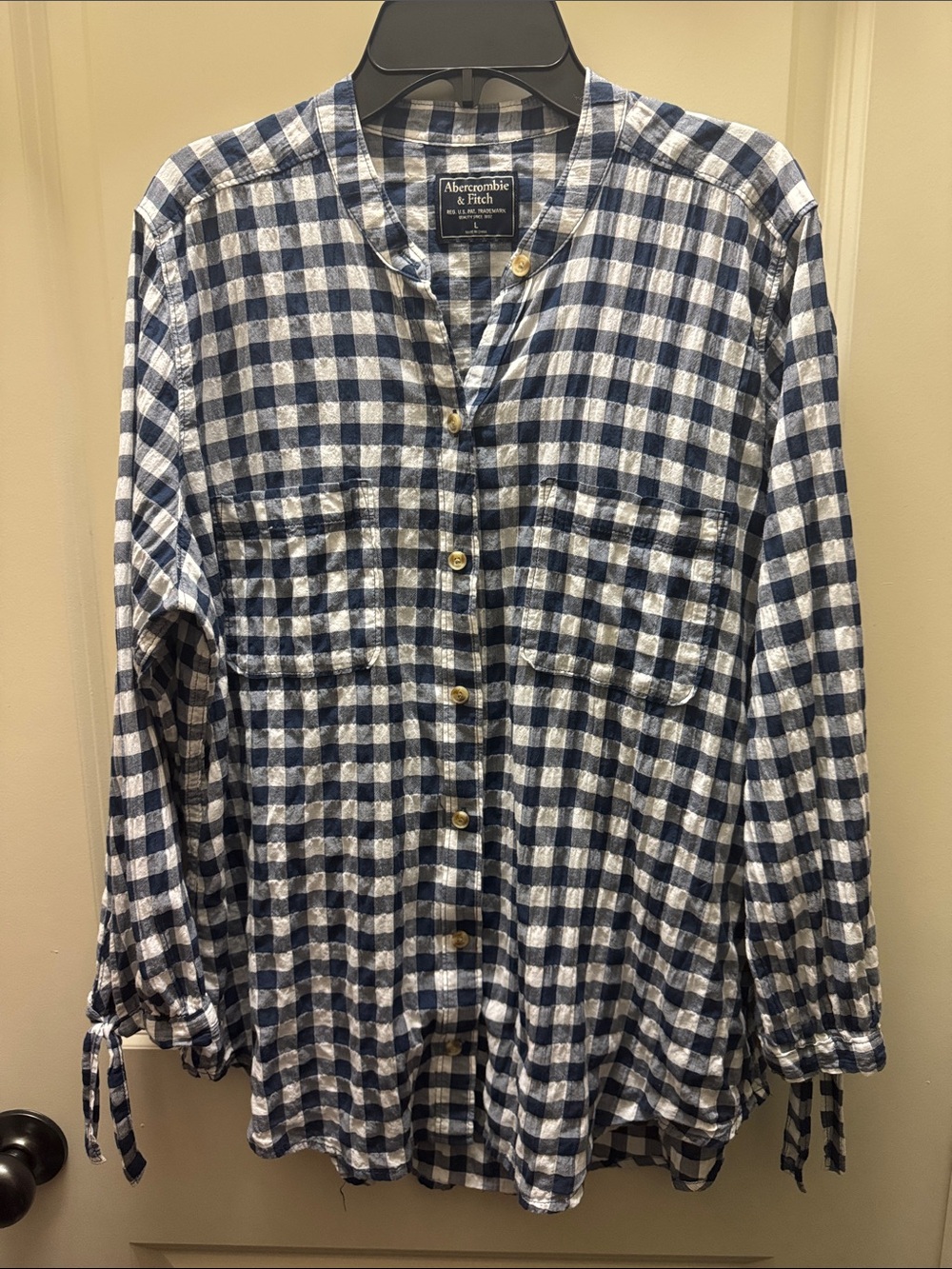 Abercrombie & Fitch Navy and White Check Band-Collar Button-Down Shirt